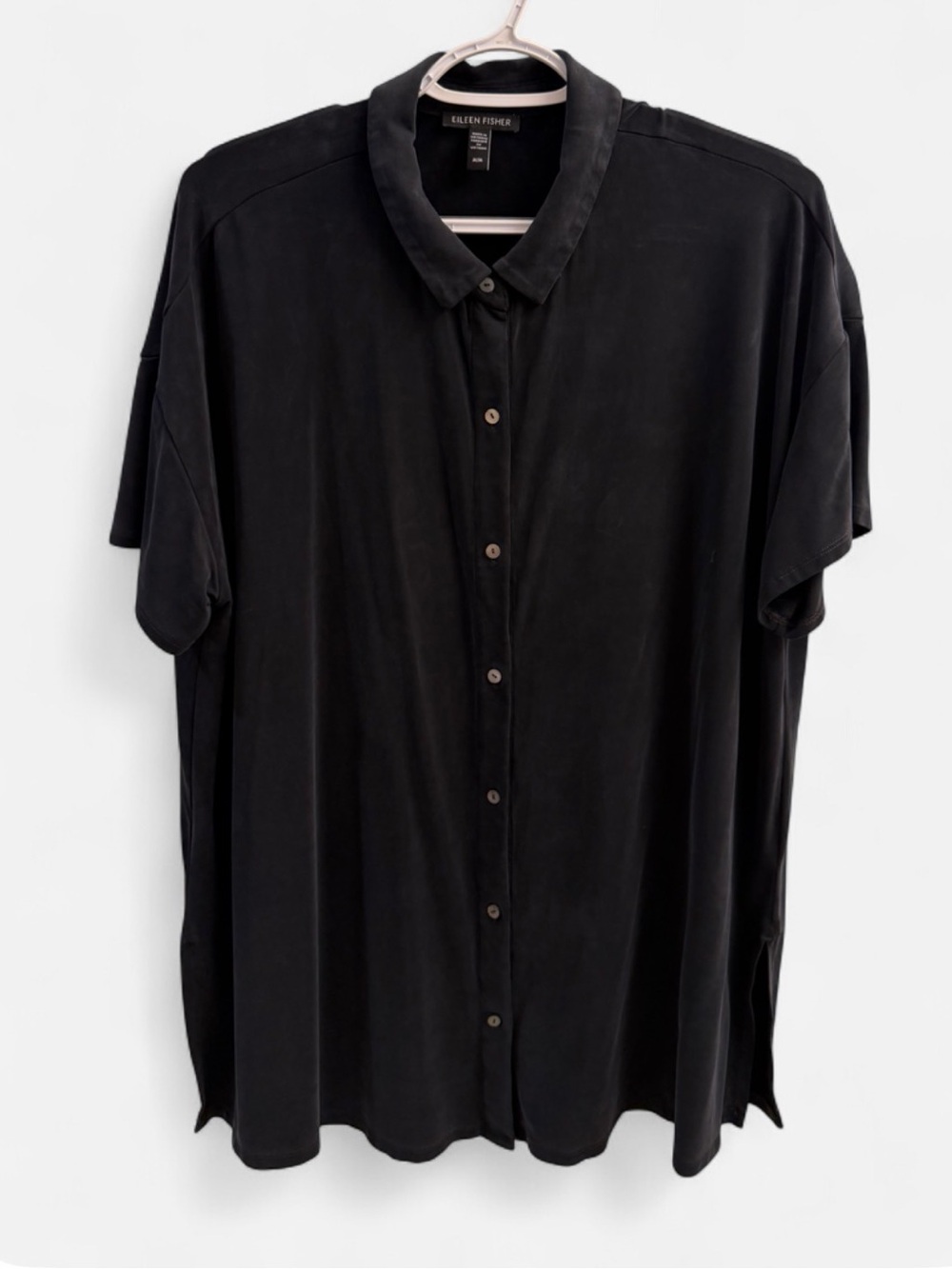 Eileen Fisher Black Cupro Oversized Button Front Shirt Size M